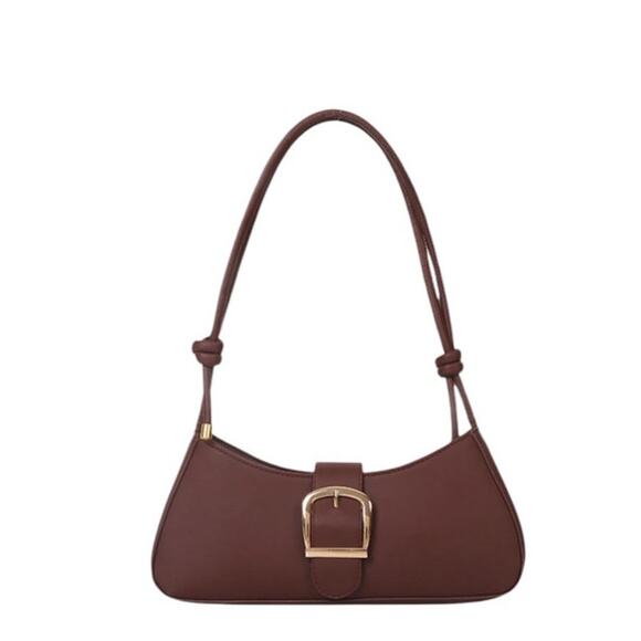 Micas Women's Small Coffee Brown Gold Faux Leather Belted Shoulder Bag - Picture 3 of 5